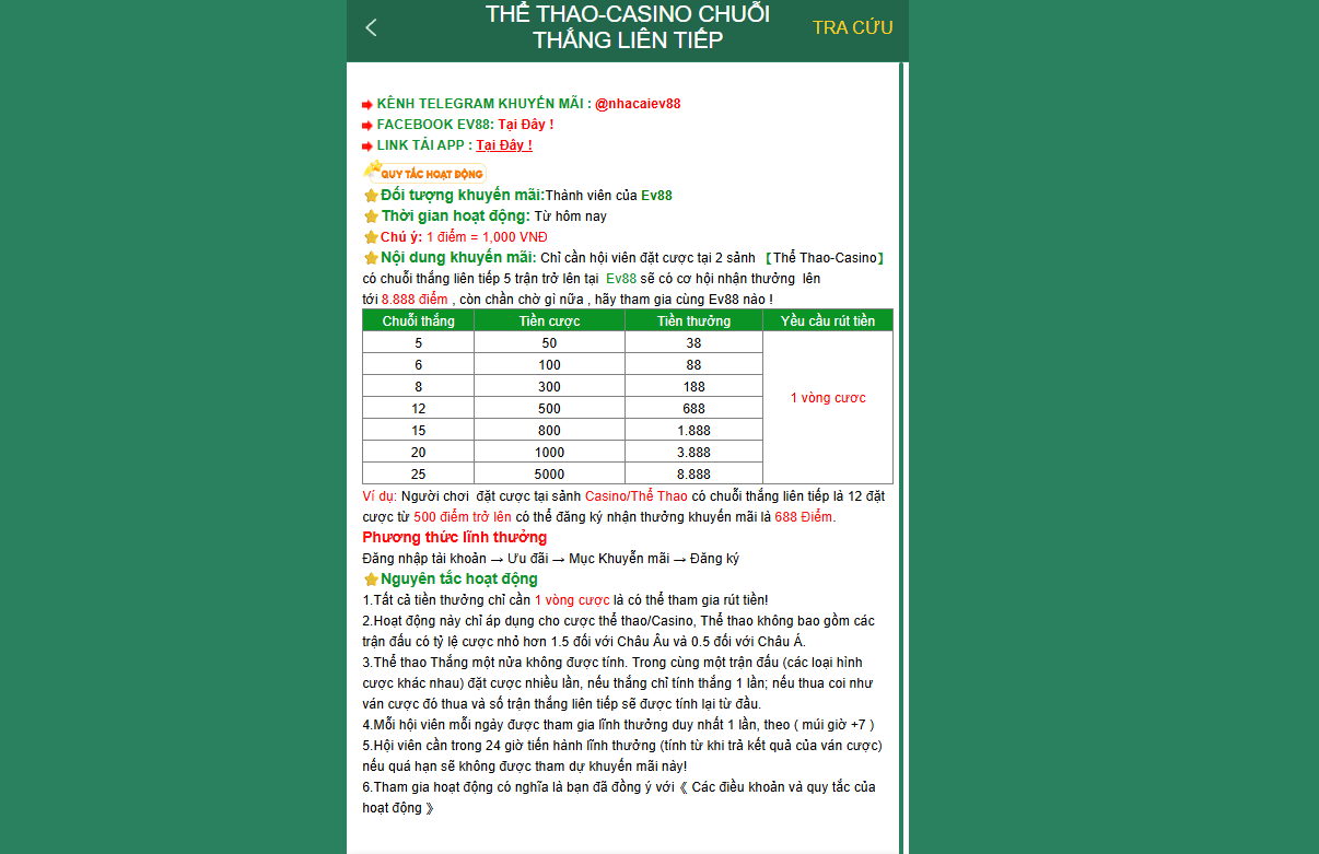 Với chuỗi thắng thể thao EV88 liên tiếp người chơi sẽ được tặng 8888 điểm